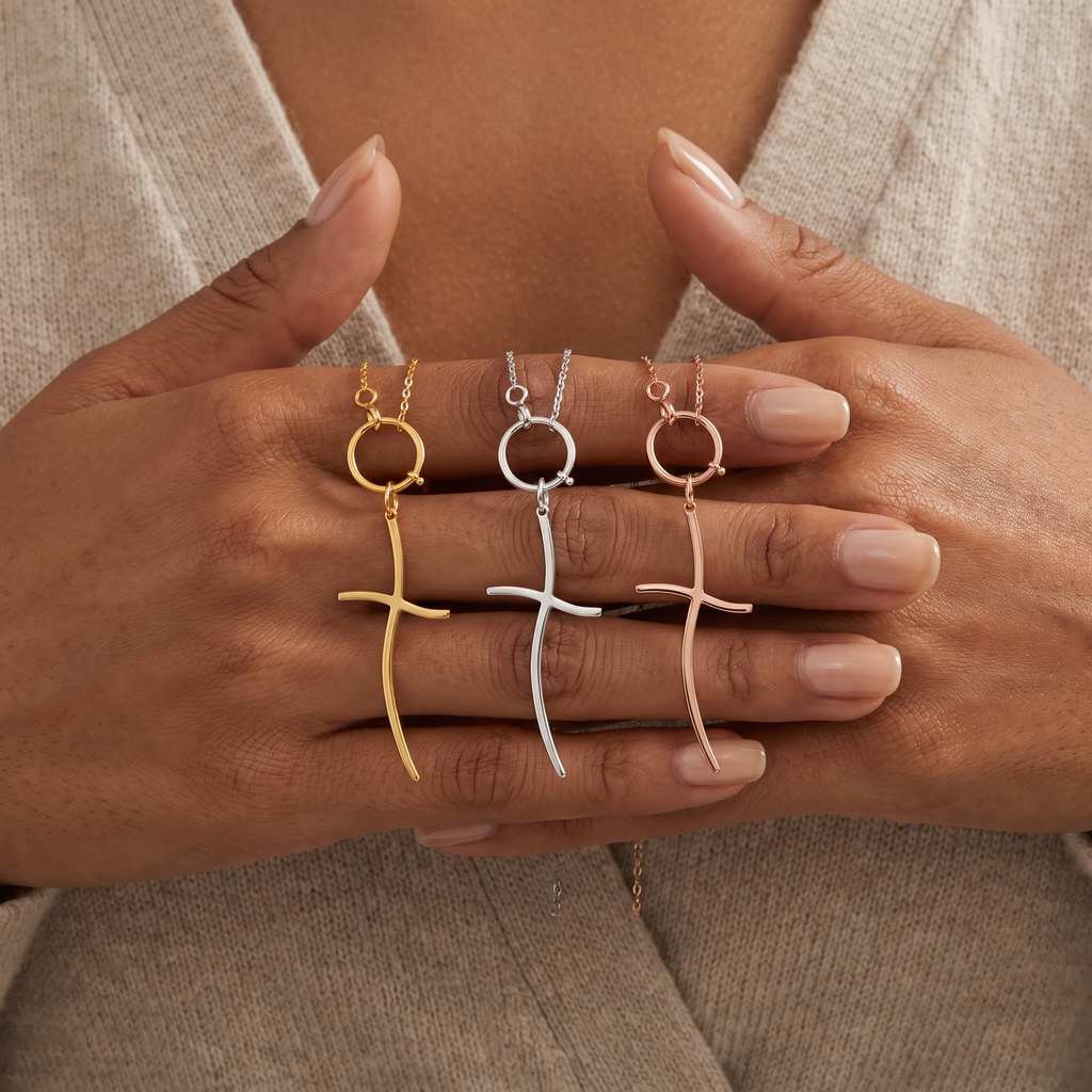 Curved Cross Lariat Necklace