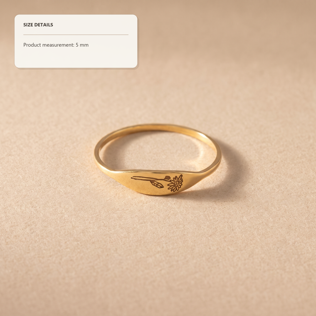 Personalized Dainty Engraved Birth Flower Tapered Oval Signet Ring