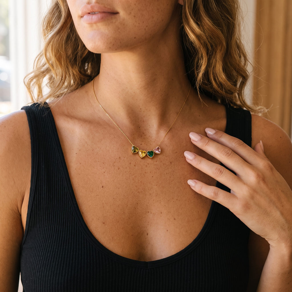 Personalized Dainty Faceted Heart Birthstone Beaded Bezel Pendant Necklace