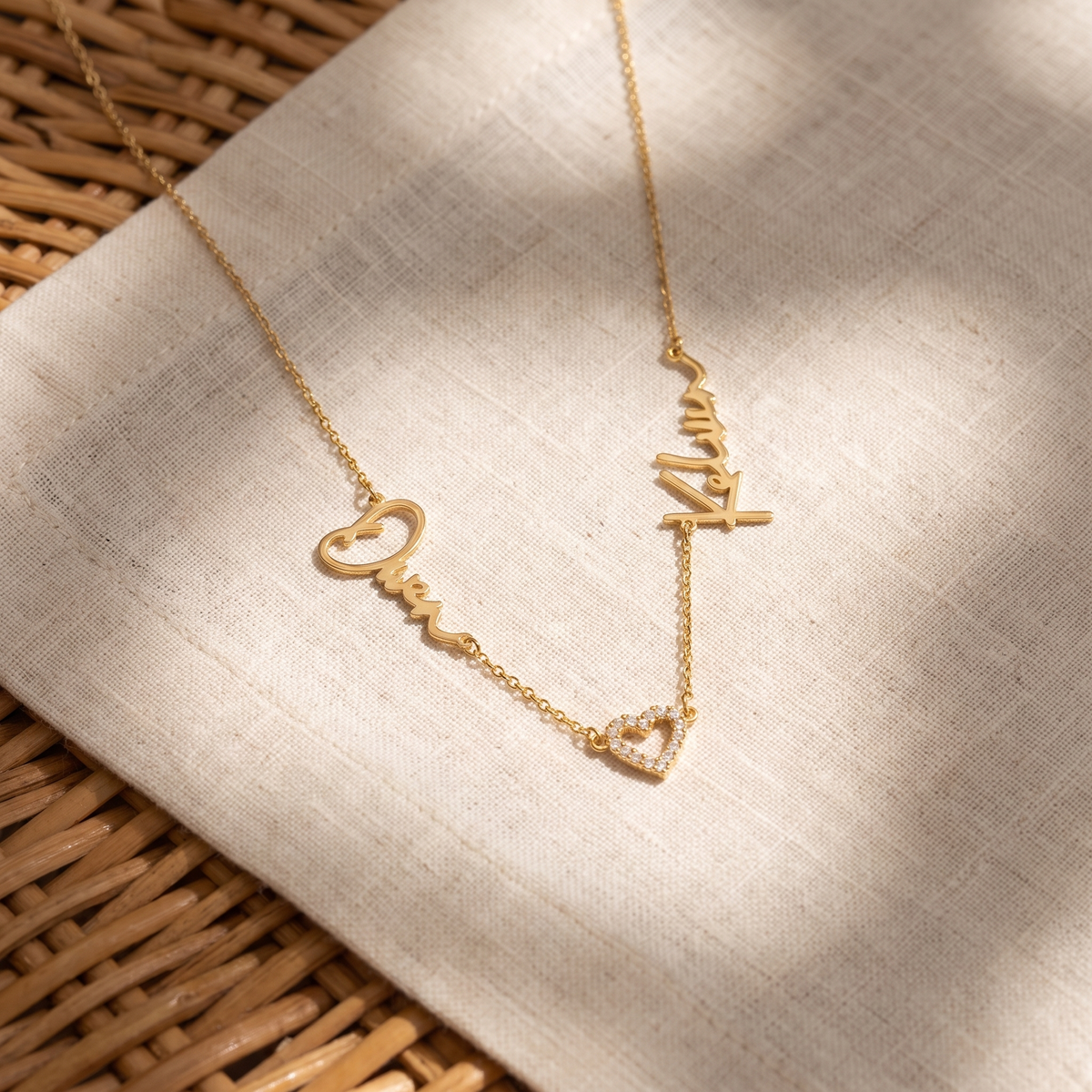Pave Heart Couple Name Necklace