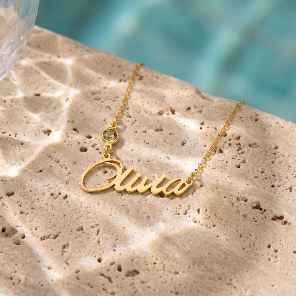 Personalized Dainty Script Name Bezel Set Birthstone Pendant Necklace