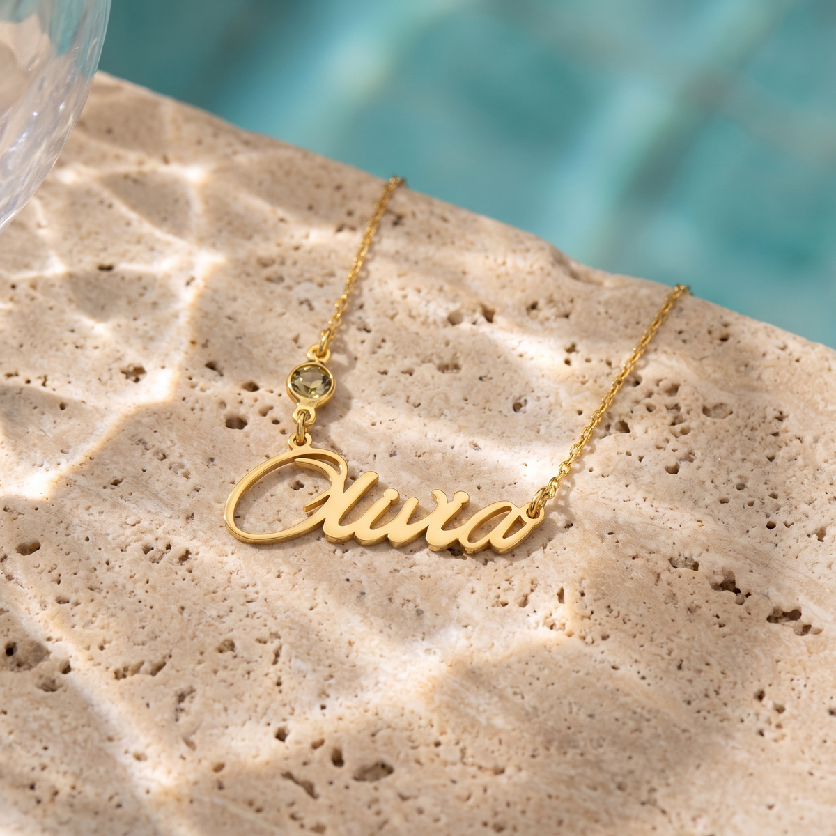 Personalized Dainty Script Name Bezel Set Birthstone Pendant Necklace