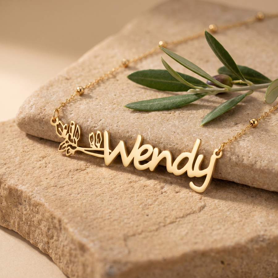 Script Birth Flower Name Necklace – Name with Flowers