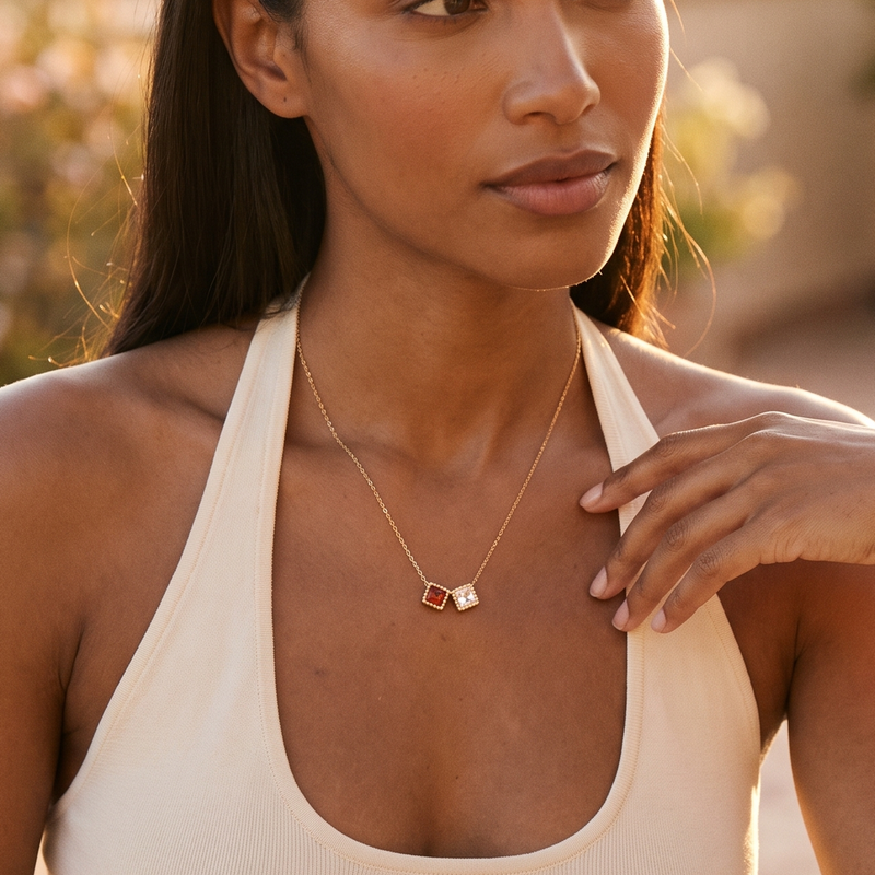 Two Birthstone Necklace – Square Stone Chain Necklace