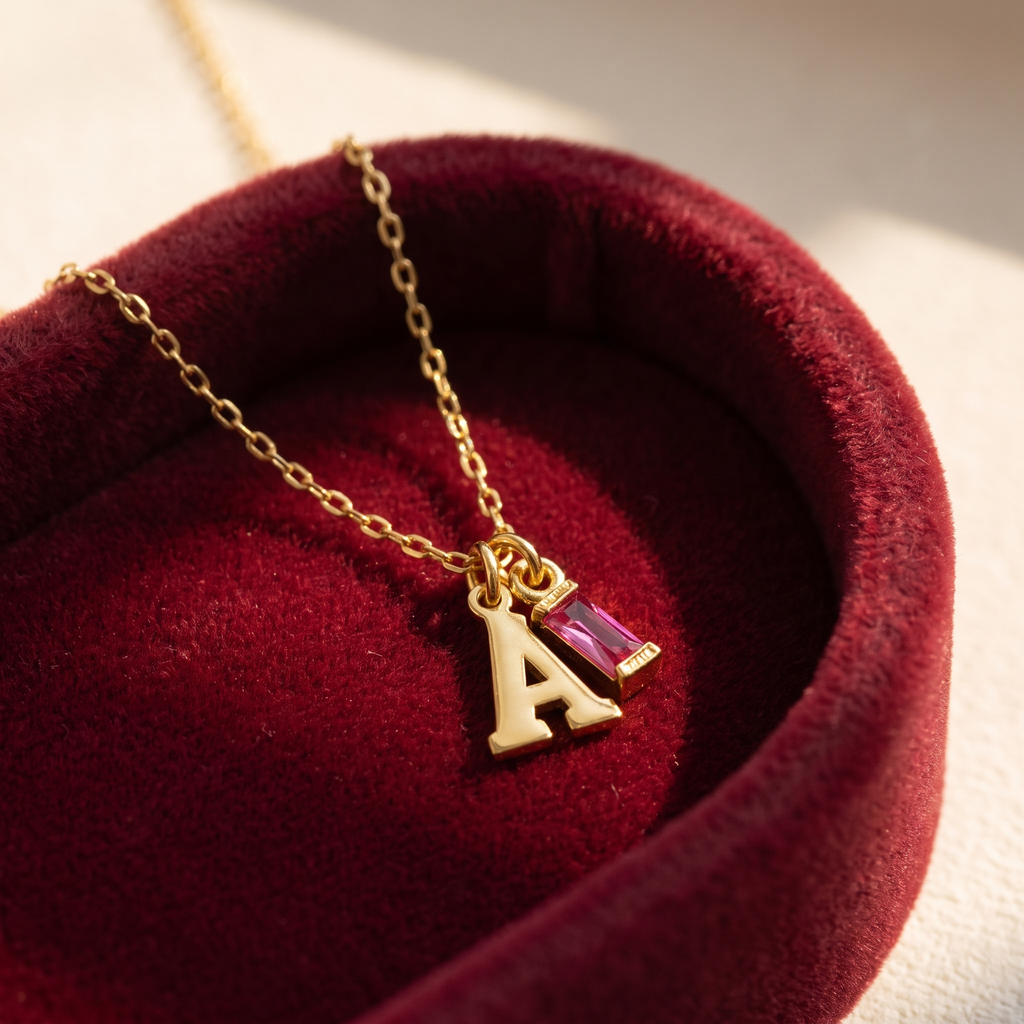 Initial Baguette Birthstone Necklace