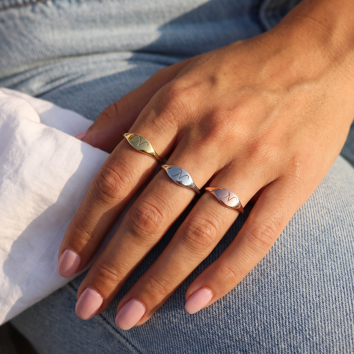Personalized Dainty Engraved Script Initial Oval Tapered Signet Ring