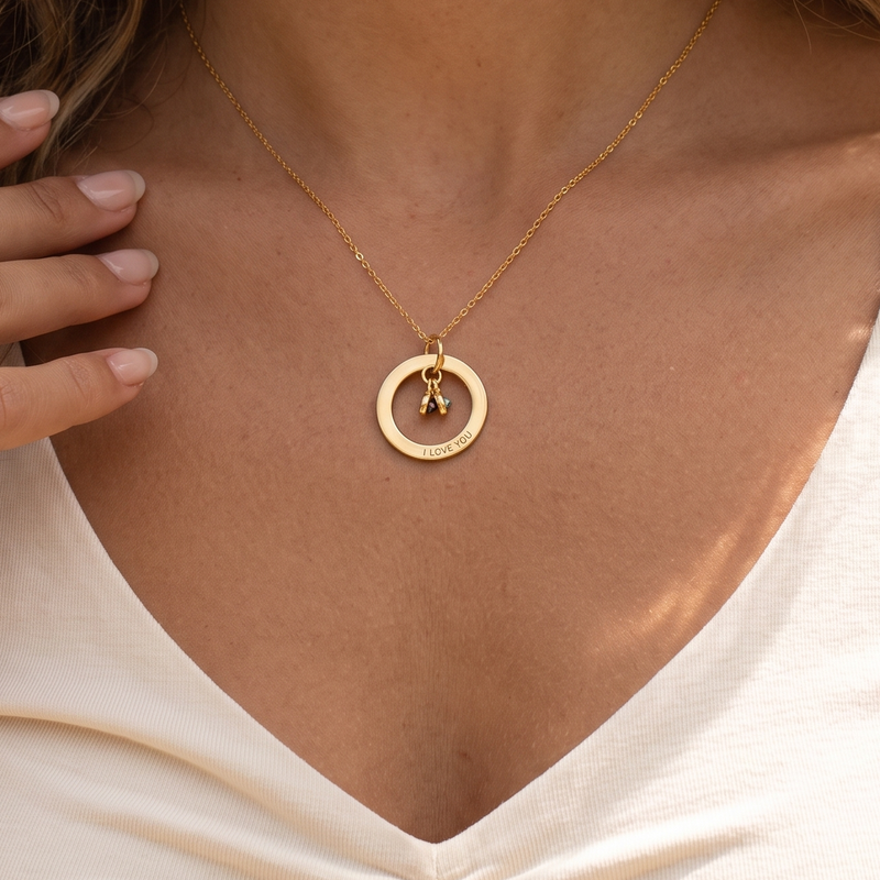 Engraved Circle Birthstone Necklace – Teardrop Charm