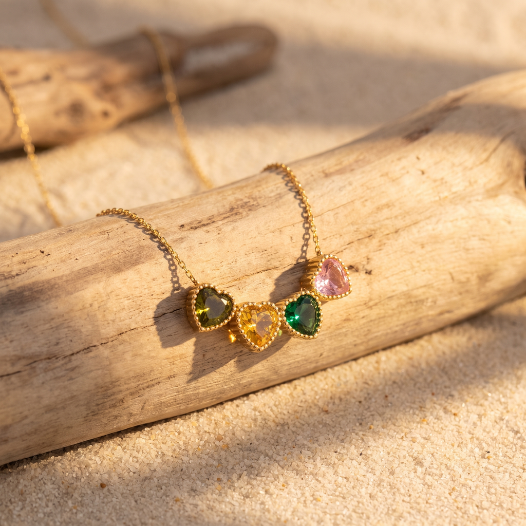 Personalized Dainty Faceted Heart Birthstone Beaded Bezel Pendant Necklace