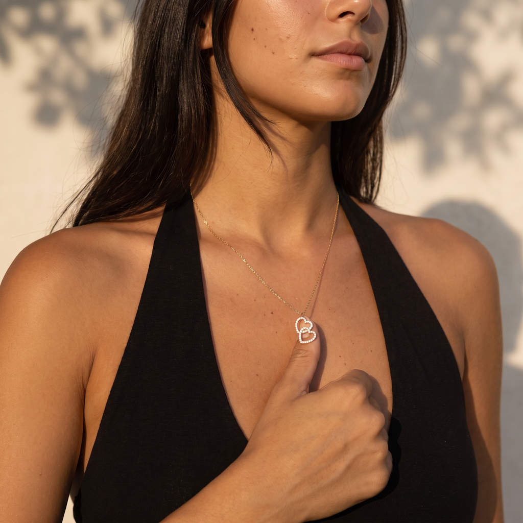 Dainty Pave Cubic Zirconia Double Heart Interlocking Pendant Necklace