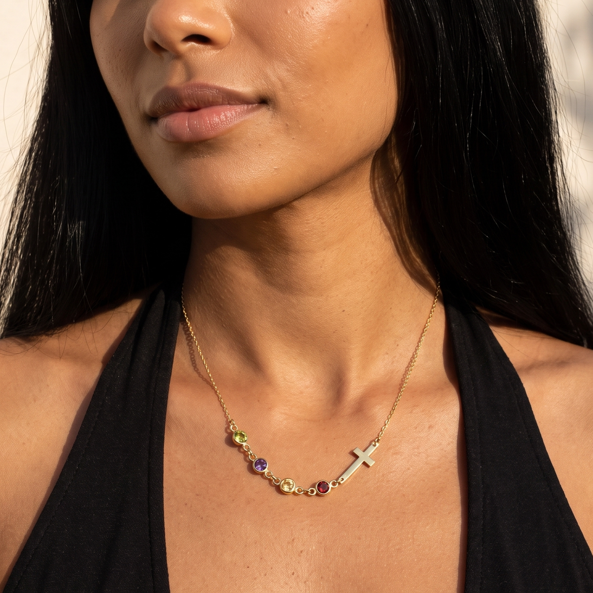 Sideways Cross Birthstone Necklace