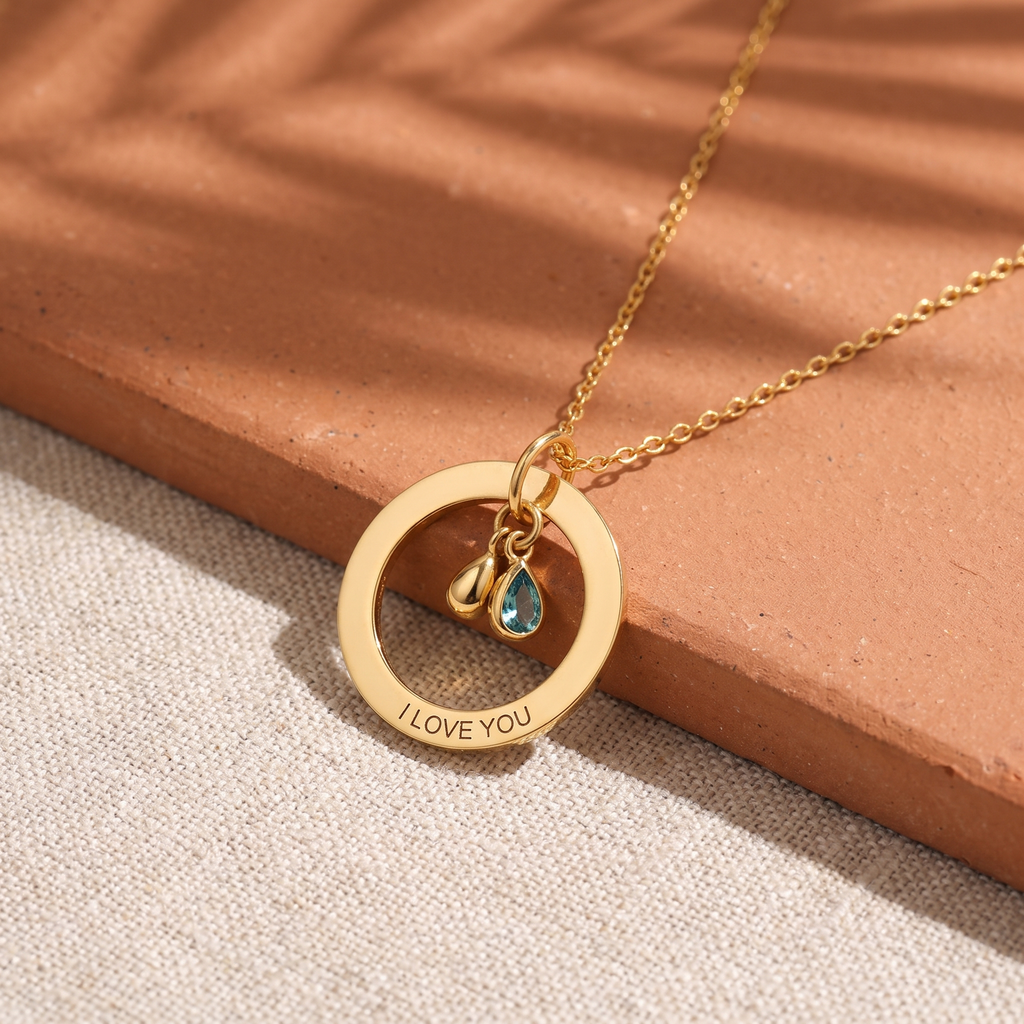 Engraved Circle Birthstone Necklace